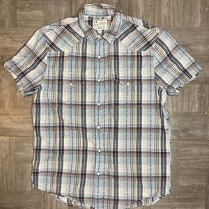 Lucky Brand Men's Pearl Snap Shirt Short Sleeve Blue Plaid - Medium M